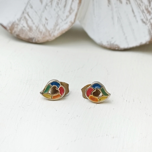 Vintage Rainbow Heart Stud Earrings - Picture 3 of 8